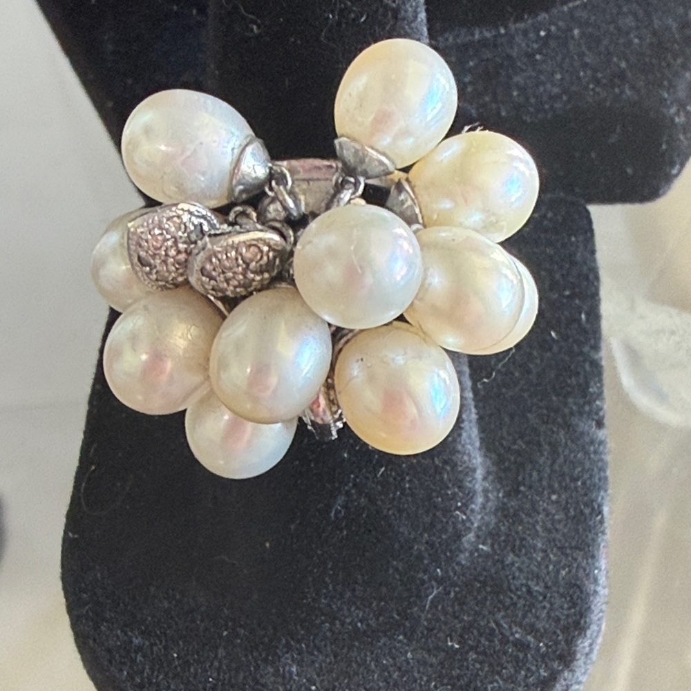 Pearl Cluster Drop Silver-tone Ring - Ivory Pearl
